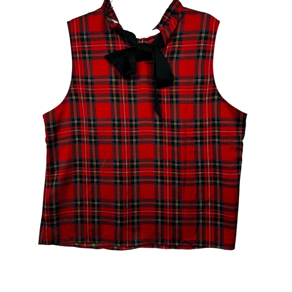 J.Crew Tops - J.Crew Womens Red Stewart Plaid Ruffle Neck Bow Back Sleeveless Top L